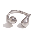Polished silver stainless steel open ring with round ball and teardrop ends on white background - Double Teardrop Open Ring / Silver