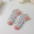 Calze corte in cotone con motivo a scacchi gialli e blu e dettagli rosa in punta - Taglia unica / Piccoli Quadri Blu