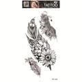 Waterproof 3D temporary tattoo sheet with sunflower, peony, and feather sketch designs - Feather Sunflower (FF-123)