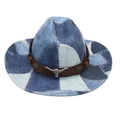 Blue and white denim cowboy hat featuring a leather band with a silver bull head ornament - One Size / Brown Leather Band With Metal Bull Head / Light Blue