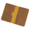 Detail view of open brown crazy horse leather wallet with vintage stitching and card slots - Patchwork Card Holder NC0101 / Tan