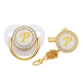 Close-up of white baby pacifier and clip with gold letter P and sparkling crystal rhinestones - Letter P