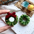 Miniature green fuzzy Christmas wreath brooch with red bow and gold bead details - Large Thick Wreath Accessory (No Pin) / Approx 4.5cm