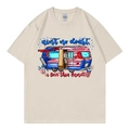 Beige crew neck T-shirt featuring vintage camper van and fireworks graphic print - Beige