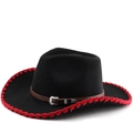 Classic black wool western cowboy hat with red trim and brown leather belt buckle - M(56-58cm) / Black Red Edge