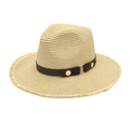 Neutral vintage Panama straw hat with black leather band and fringed brim for sun protection - Beige