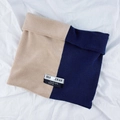 Thick plush knit hat with bear design in beige and navy blue contrast finish - Color Block Snood-Blue Khaki