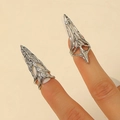 Detailed view of silver gothic nail rings with white zircons on model's fingers - Silver Armor Ring 2pcs Set (WG1-0227+4410)