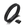 Men's double-row black braided leather bracelet with black magnetic steel clasp - Double Layer Round Rope / Black