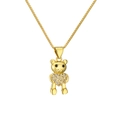 Golden box chain necklace with micro-pave zircon bear heart pendant on white background - Bear Hugging Heart Style (CN001618YH)