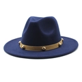 Detail of navy wool fedora hat featuring a brown band with decorative gold metal rivets - M(56-58cm) / Navy Blue