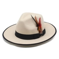 Classic beige wool jazz fedora hat with black ribbon and tricolor feather decoration - M(56-58cm) / Beige