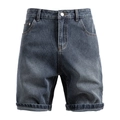 Men's retro starry pattern denim shorts in washed dark grey blue with herringbone texture - S / Medium Blue & White