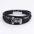 Multi-layer black leather Viking bracelet with silver Thor's Hammer Mjölnir charm - Mjolnir Thor's Hammer