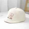 Detail of baby beige beret with sweet bear embroidery and soft twill cotton texture - 50cm 1-3 Years / Off White