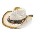 Cappello da cowboy bohémien in paglia intrecciata con perline turchesi e nappa per mare - Stile con Nappe Traforate Crema (02)