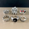 6pcs gothic punk silver ring set with skull and clown designs in vintage metal finish - Poker Skull Black 8 Ring Set Style (11228)