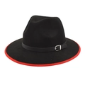 Cappello fedora in lana nera con bordo rosso e fascia in pelle con fibbia argento - M (56-58cm) / Nero