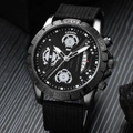 Men's calendar quartz watch with black canvas strap and industrial gear dial design - Black
