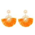 Bohemian fan-shaped earrings with bright orange silk tassels and pearl accents - Orange
