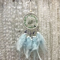 Handmade dreamcatcher featuring light blue feathers and green natural stones in a net - Green Aventurine Full Color