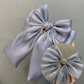 Elegant large blue satin layered bow hair clip with metallic finish and gold hair pin - Grey Brooch