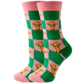 Pink and green checkerboard crew socks with cartoon giraffe pattern for women - Size 35-42 / Green Pink Giraffe