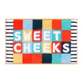 Rectangular flocking bath mat with colorful square patterns and SWEET CHEEKS text - SWEET CHEEKS-Checkerboard Orange Yellow