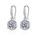 Macro shot of silver halo drop earrings with large round center stone and diamond border - Round Halo Hook Earrings (ED71)