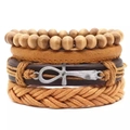 Set di bracciali in pelle vintage con croce in metallo e perline di legno su bianco - Set in pelle bohémien retrò con croce-2