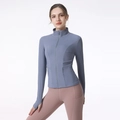 Schmal geschnittene graublaue Yoga-Sportjacke mit Reißverschluss und Daumenlöchern - S / Graublau