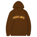 Brown hooded sweatshirt with orange Fresh Love text and orange fruit print for men - Coffee