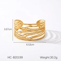 Detailed view of an irregular 18K gold-plated openwork cuff bracelet with dimensions and weight - Hollow Multi-layer Streamline Style (HC-B20199)