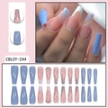 Blue striped French long coffin press-on nail set with rhinestones and glitter - CBLCY-244 / Glue Type