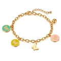 Gold stainless steel link bracelet with colorful enamel round and butterfly charms - Stainless Steel / Gold