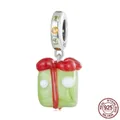 S925 sterling silver Christmas gift box charm with green enamel and red ribbon detail - Green Gift Box-Zirconia Clasp