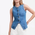 Gilet di jeans blu slim fit da donna con scollo rotondo e bottoni dorati stile estivo - S / Blu