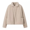 Women's chic beige lambswool coat with asymmetrical button collar and cozy plush texture - S / Apricot