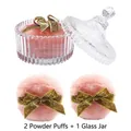 Pink plush powder puff set with gold glitter bow and striped glass storage jar - 2 Glitter Ribbon Puffs (In Glass Jar)