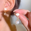 Elegant gold fan-shaped earrings with white shell inlay and a hanging pearl drop - 14K Gold Fan Artificial Pearl (11336)