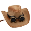 Détail du chapeau de cowboy en paille avec lunettes vintage bronze et sangle de style ethnique - Kaki Style 5