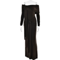 Détail d'une élégante robe de soirée marron foncé à épaules dénudées avec fronces et nœud - S / Café