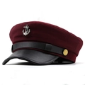 Burgundy and black nautical newsboy cap featuring a silver anchor badge and leather strap - M (56-58cm) / Burgundy
