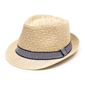 Klassieke beige strooien fedora hoed met een stijlvolle blauw-wit gestreepte band - 58cm / Beige