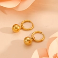 Detail of gold-plated stainless steel hoop earrings featuring dangling bead pendants - Gold Steel Ball Ear Buckle