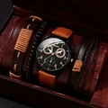 Close-up of Geneva watch set with brown leather strap and stylish beaded bracelets in a box - Black Gold Set S00127-9 (Watch And Bracelets)
