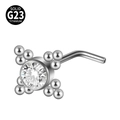L-shaped G23 titanium nose stud featuring a round white zircon and decorative metal beads - Center Stone With Four Beads (Style 8 L-Shaped) / 0.8x7mm