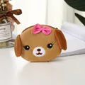 Cute brown plush puppy coin purse with pink bow and embroidered facial details - Dog with Bow