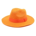Detail of orange straw Panama hat showing intricate weave texture and ribbon band - M (56-58cm) / Orange