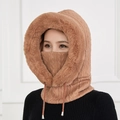Women's warm knitted hooded winter hat with face mask and faux fur trim in brown - Khaki